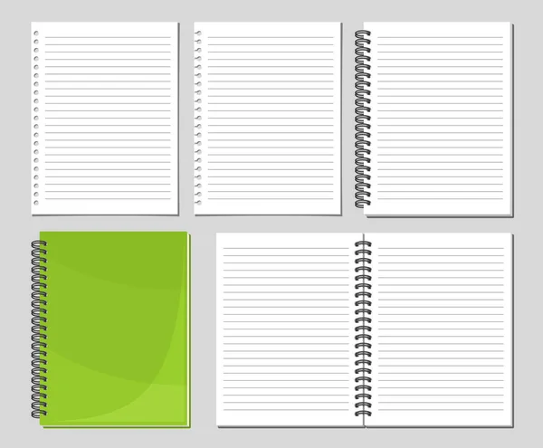 矢量螺旋记事本集 收集5幅空白笔记本内页的剪裁图解 一组灰色背景的打开和关闭的活页夹纸笔记本 — 图库矢量图片