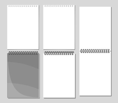 Vector Notepad Set, 5 boş not defteri sayfası koleksiyonundan oluşan bir koleksiyon, gri arkaplan üzerindeki açık ve kapalı spiral notlar grubu, beyaz a4 biçimi dikey telif boşlukları