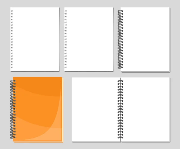 矢量螺旋式笔记本套件 收集5个不同空白笔记本页的剪裁图解 一组灰色背景的打开和关闭活页夹纸笔记本 — 图库矢量图片
