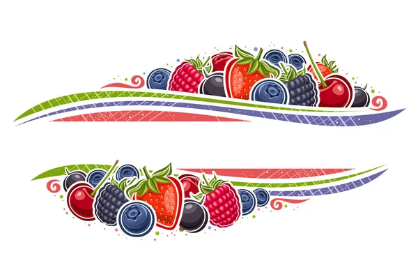 広告テキストのためのコピースペースを持つベリーのためのベクトル境界 庭の甘いイチゴのイラストと装飾的なレイアウト サワーチェリーベリー フォレストブラックベリー 白い背景に多くの品揃えの果実 — ストックベクタ