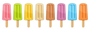 Vector set of Fruit Popsicle, çok sayıda sekiz tane kesilmiş resimli tatlı meyveli dondurma, çeşitli renkli meyveli dondurmalar beyaz arka planda tahta çubuğu olan çocuklar için pankart.