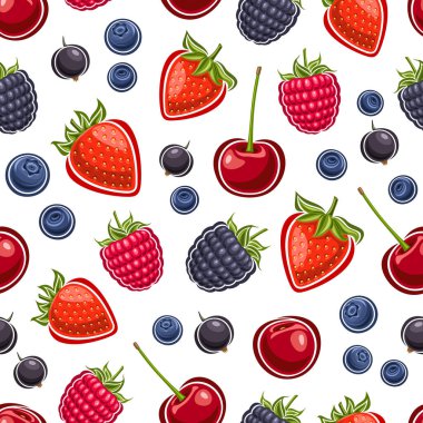 Vector Berry Seamless Deseni, arka planı tekrarla. Yatak çarşafları için farklı olgun bahçe meyveleri, dekoratif kare posteri ve ev dekorasyonu için bir sürü meyve.