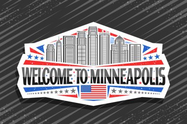 Vector logo for Minneapolis, white decorative tag with line illustration of modern minneapolis city scape on day sky background, art design refrigerator magnet with black words welcome to minneapolis