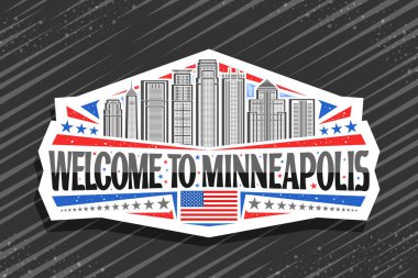 Vector logo for Minneapolis, white decorative tag with line illustration of modern minneapolis city scape on day sky background, art design refrigerator magnet with black words welcome to minneapolis clipart