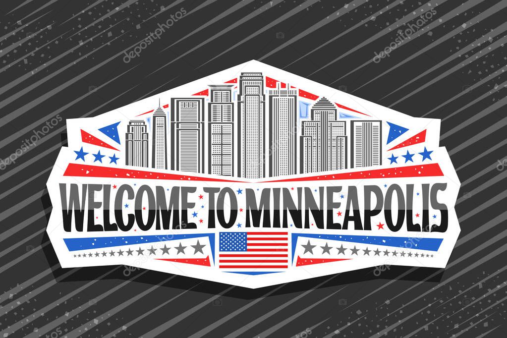 Vector logo for Minneapolis, white decorative tag with line illustration of modern minneapolis city scape on day sky background, art design refrigerator magnet with black words welcome to minneapolis