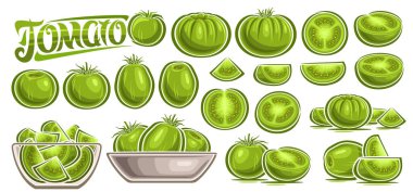Vektör Yeşil Domates Seti, karikatür tasarımı vejetaryen yaşam kompozisyonları koleksiyonu, cam şeffaf tabakta çiğ oval domates, çeşitli yuvarlak sebzeler ve yeşil metin domatesleri.