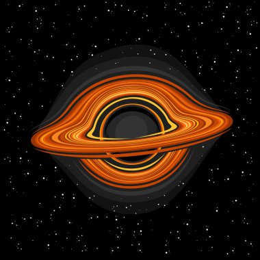 Kara Delik 'in vektör illüstrasyonu, karikatür dizaynlı kare astronomik poster sıcak döner turuncu gaz bulutları, çizgi sanat kozmo baskısı koyu yıldızlı arka planda fütürist kara delik tekilliği