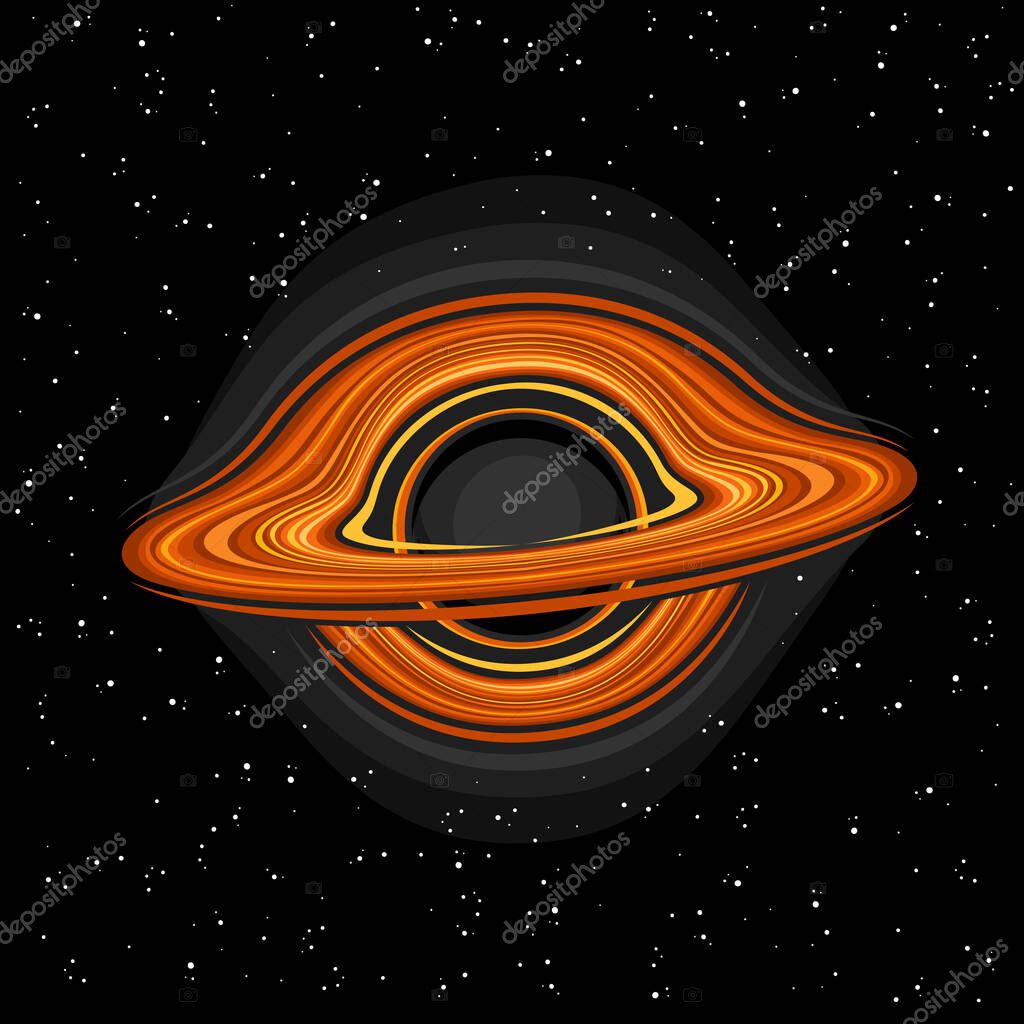 Vector illustration of Black Hole, square astronomical poster with  cartoon design hot rotating orange gas clouds, line art cosmo print with futuristic black hole singularity on dark starry background