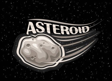 Asteroitin vektör çizimi, yatay astronomik poster kaya asteroidi vuruyor, çizgi çizgisi derin uzayda fütürist göktaşı ve siyah yıldızlı arka planda gri metin asteroidi.