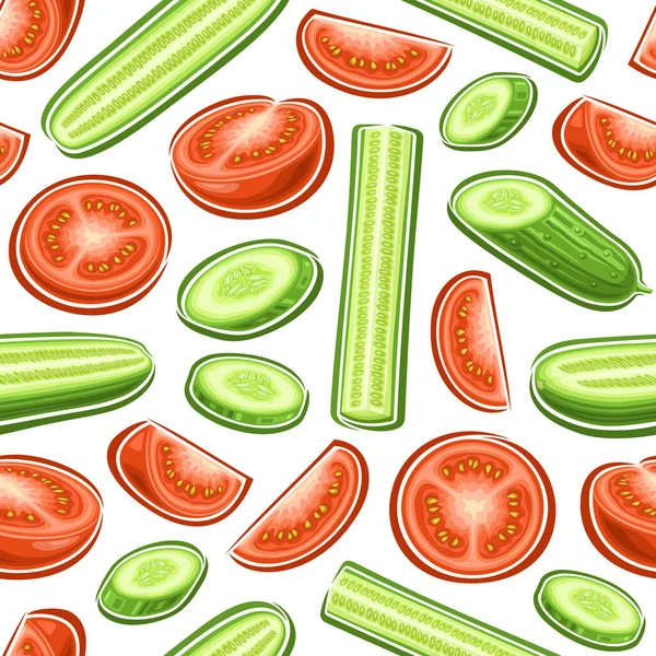 Vector Tomato Cucumber Seamless Pattern Repeat Background Sliced Flying Vegetables — Stock Vector