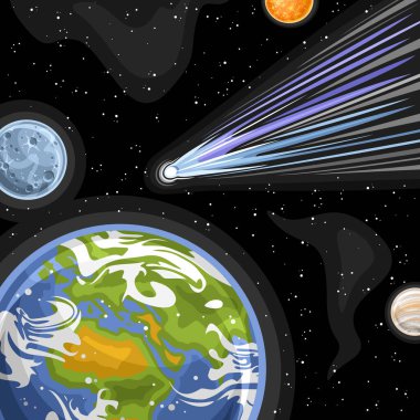Düşen Kuyrukluyıldızın vektör çizimi, karikatür tasarımlı kare astronomik poster dünya ve ayda mavi buz kuyrukluyıldızı çeken, siyah yıldızlı arka planı olan dekoratif fütüristik kozmik baskı