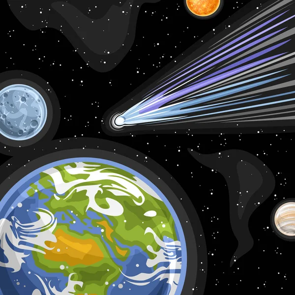 Düşen Kuyrukluyıldızın vektör çizimi, karikatür tasarımlı kare astronomik poster dünya ve ayda mavi buz kuyrukluyıldızı çeken, siyah yıldızlı arka planı olan dekoratif fütüristik kozmik baskı