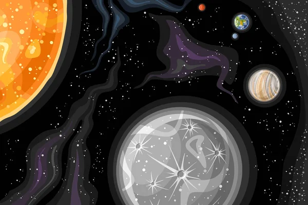Векторная Фэнтези Космическая Карта Астрономический Горизонтальный Плакат Мультяшным Дизайном Пылающей — стоковый вектор