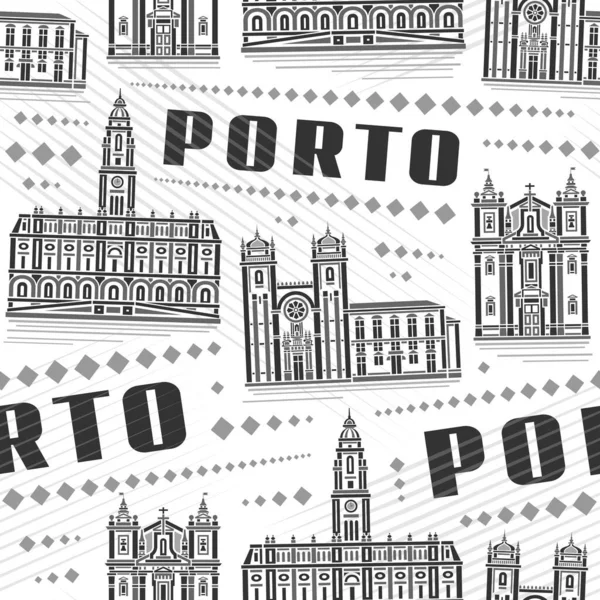 Vector Porto Pürüzsüz Desen, kare yinelenen arkaplan beyaz arkaplan üzerinde ünlü Avrupa porto şehir manzarası resimli, monokrom çizgisi siyah metin porto ile kentsel poster