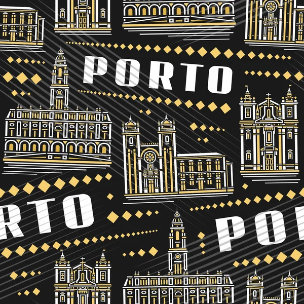 Vector Porto Pürüzsüz Desen, kare yineleme arkaplan ile yatak çarşafları için koyu arkaplan üzerinde ünlü Avrupa porto şehir manzarası, dekoratif çizgi beyaz metin porto ile kentsel poster