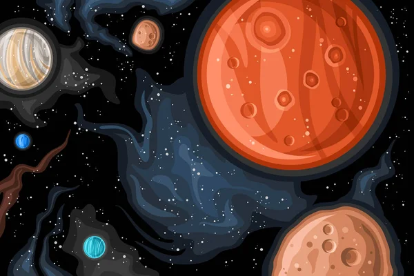 矢量幻想空间图 带有漫画设计火星行星和深空轨道卫星的天文横向海报 带有黑色星空背景的装饰彩绘宇宙图案 — 图库矢量图片