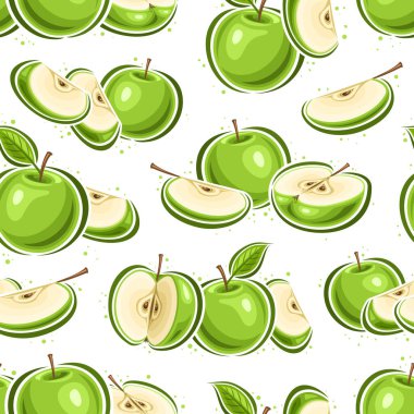 Vektör Green Apples pürüzsüz desen, tekrar arkaplan yeşil sulu elma ambalaj kağıdı bileşimi ile, kare poster ile uçan düz elma grubu ev içi için olgun meyve yatar
