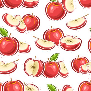 Vektör Kırmızı Elmalar pürüzsüz desen, paket kağıdı için yeşil yapraklı kırmızı elmaların meyvemsi bileşimleri ile arka planı tekrarla, ev içi için düz elma meyveleri grubuyla kare poster