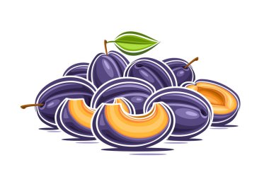 Erikler için vektör logosu, karikatür tasarımlı yatay poster meyveli erik yaşam bileşimi, bütün ve doğranmış portakal üçgeni parçaları yeşil yapraklı ham sulu erikler.