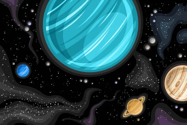 矢量幻想空间图 带有卡通设计气体巨天王星行星和深空轨道卫星的天文横向海报 带有黑色星形空间背景的装饰宇宙打印 — 图库矢量图片