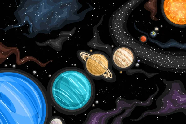 Векторний Фентезійний Космічний Графік Астрономічний Горизонтальний Плакат Ілюстрацією Параду Планет — стоковий вектор