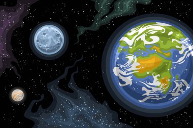 Vector Fantasy Space Chart, karikatür dizaynlı astronomik yatay poster Dünya gezegeni ve uzayın derinliklerinde dönen taş ay, siyah yıldızlı arka planlı dekoratif fütüristik kozmo baskısı