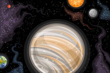 Vektör Fantezi Uzay Çizelgesi, Venüs ve Güneş Sistemi 'nin çeşitli gezegenleri derin uzayda dönen karikatür dizaynlı astronomik yatay poster, siyah yıldızlı arka planda dekoratif kozmo baskısı