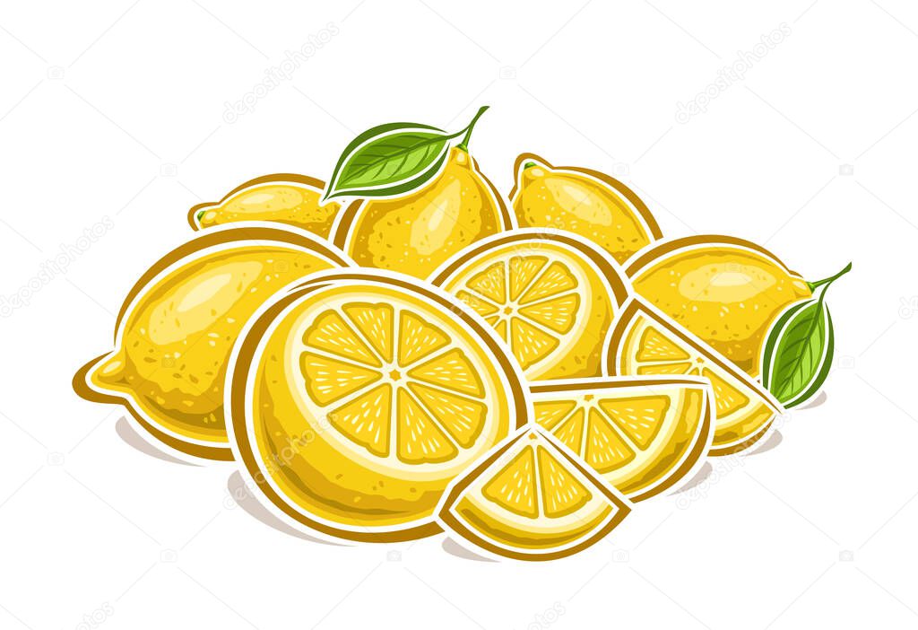 Vector logo for Lemons, decorative horizontal poster with cartoon design fruity lemon still life composition, fruit print with many whole and chopped juicy parts of ripe raw lemons with green leaves