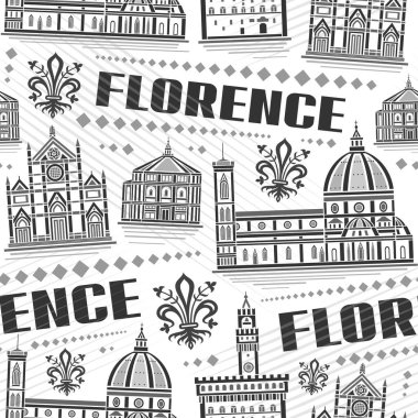Vektör Florence Pürüzsüz Şablon, beyaz arka planda Avrupa Floransa 'nın ünlü florasan şehir manzarası, monokrom çizgisi, siyah metin floranslı şehir tarihi afişi ile arka planı tekrarla