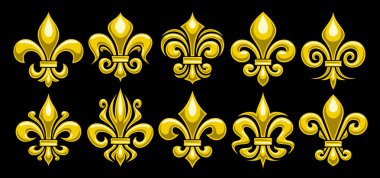 Vektör Fleur de Lis seti, yatay afiş, çok sayıda kesikli sarı fleur de lis çiçekleri, siyah arkaplanda birçok farklı dekoratif sanat sembolleri grubu.