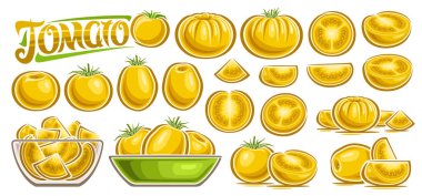 Vektör Sarı Domates Seti, karikatür tasarımı koleksiyonu yeşil yapraklı yaşam kompozisyonları, cam kasede çiğ oval domatesler, çeşitli tarım sebzeleri ve sarı metin domatesleri.