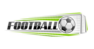 Futbol için vektör logosu, futbol topuna vurmanın ana hatlarıyla çizilmiş dekoratif yatay afiş, beyaz arka planda yörüngede uçmak ve metin futbolu için eşsiz fırça harfleri