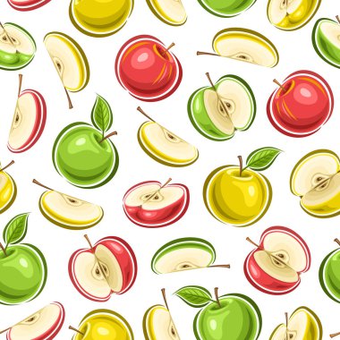 Vektör Renkli Elma pürüzsüz desen, kare tekrarlı arkaplan, ambalaj kağıdı için yeşil yapraklı kesilmiş elma çizimleri, uçan düz elma meyveleri koleksiyonu işlenmemiş elma meyveleri