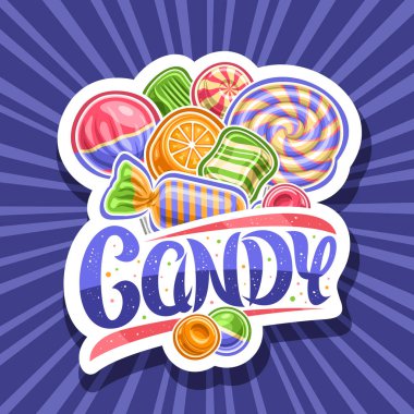 Şekerci dükkanı için vektör logosu, çeşitli şekerler ve lolipopların ana hatlarıyla çizilmiş beyaz dekoratif rozet.