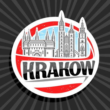 Krakow için vektör logosu, Krakow için beyaz dekoratif etiket, Krakow için eşsiz tip sanat tasarımı buzdolabı mıknatısı, gökyüzü arka planında ünlü tarihi Krakow şehir manzarasının çizimi