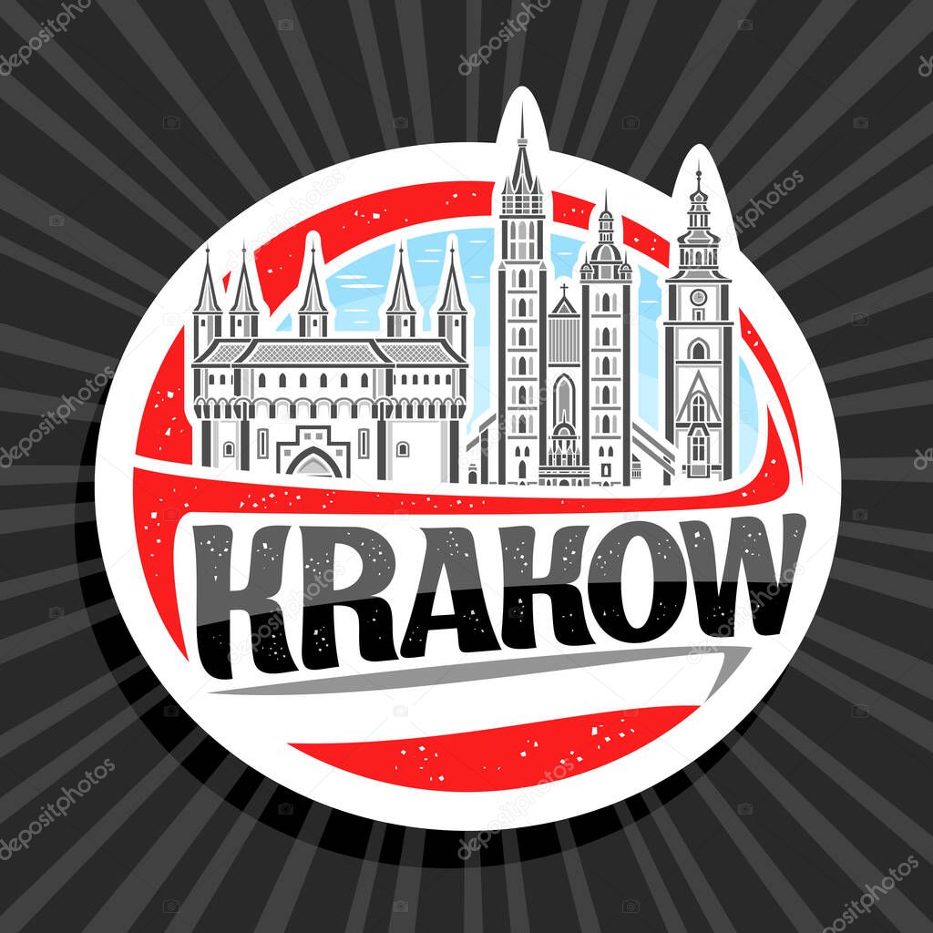 Vector logo for Krakow, white decorative label with illustration of famous historical krakow city scape on day sky background, art design refrigerator magnet with unique type for black text krakow