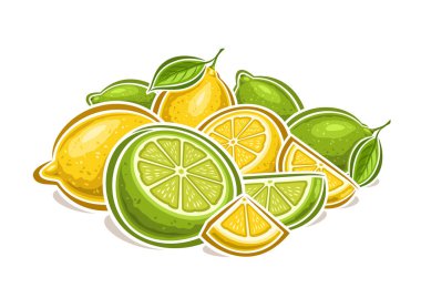 Limon ve limonlar için vektör logosu, karikatür dizaynlı dekoratif yatay poster meyveli limon natürmort yaşam kompozisyonu, bir sürü bütün ve doğranmış taze limon ve yapraklı meyve izi.