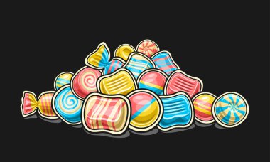 Vector Candy Pile, dekoratif yatay poster, ana hatlarıyla çok renkli şekerlemeler natürmort, karikatür dizaynı sert şekerler ve sarmal selofan paketinde balon diş etleri ile tatlı baskı