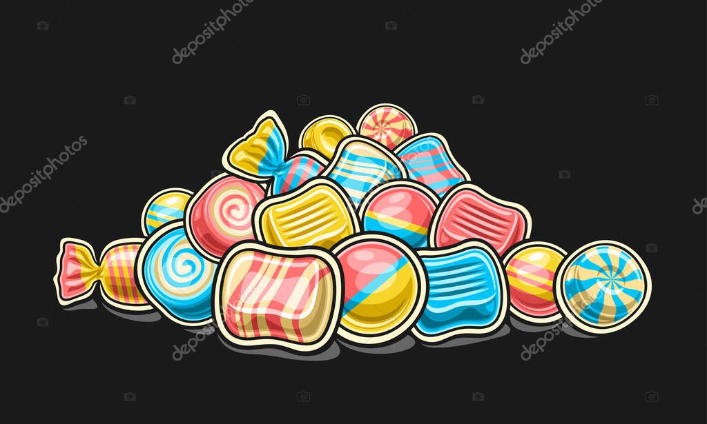 Vector Candy Pile, decorative horizontal poster with outline illustration of multi colored candy still life, sweet print with cartoon design hard candies and bubble gums in spiral cellophane package
