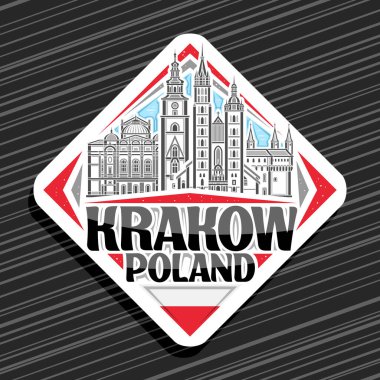 Krakow için vektör logosu, orta çağ Avrupa Krakow şehir manzarasının ana hatlarıyla çizilmiş beyaz eşkenar dörtgen yol işareti, kara metin Krakow poleniyle dekoratif buzdolabı mıknatısı