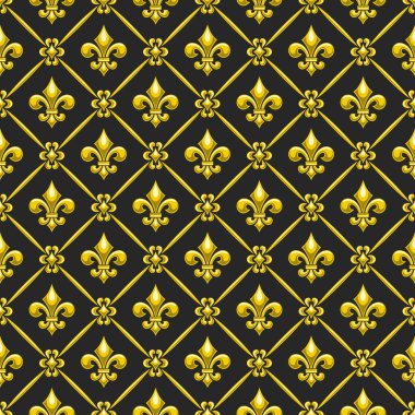 Vektör Fleur de Lis Pürüzsüz, kare tekrarlı arkaplan, kafes desenli çizimler ve eşkenar dörtgen hücrelerde sarı fransız fleur de lis ile ambalaj kağıdı veya yatak örtüsü için koyu arkaplan