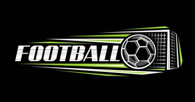 Futbol için vektör logosu, futbol topuna vurmanın göstergesi olan dekoratif yatay pankart, koyu arkaplanda ağ ve metin futbolu için eşsiz fırça harfleri ile yörüngede uçmak