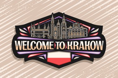 Krakow için vektör logosu, Krakow 'a hoş geldiniz sözleriyle sanat tasarımı buzdolabı mıknatısı, gece gökyüzü arka planında tarihi Avrupa Krakow kentinin çizgili tasviri ile koyu dekoratif etiket
