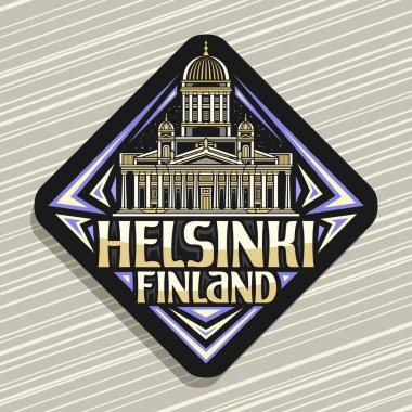 Helsinki için vektör logosu, tarihi Avrupa Helsinki şehrinin gece gökyüzü arka planında çizilmiş çizgili çizgili eşkenar dörtgen yol işareti, dekoratif buzdolabı mıknatısı Helsinki Finlandiya 'ya yazılmış metin