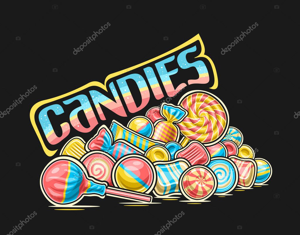 Vector Pile of Candies, outline illustration of colorful candy still life composition, sweet print with group of circle pink lolipops, wrapping bubblegums in blue striped foil package and text candies