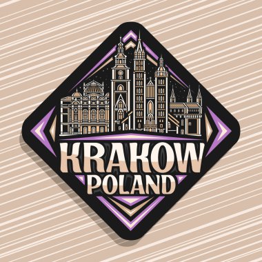 Krakow için vektör logosu, Ortaçağ Avrupa Krakow şehrinin gece gökyüzü arkaplanının ana hatlarıyla çizilmiş koyu eşkenar dörtgen yol işareti, metin Krakow poland ile dekoratif buzdolabı mıknatısı