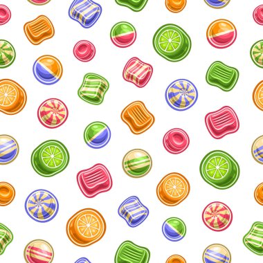 Şekersiz Şekerleme Şekerleme, farklı renkli meyve şekerlemeleri ve çocuk yatağı örtüsü veya ambalaj kağıdı için balaj sakızları çizimleri ile arka planı tekrarla, uçan düz şeker karışımı koleksiyonu