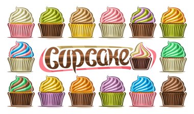 Vektör Kek Seti, kesilmiş resimlerden oluşan büyük bir koleksiyon. Karışık kremalı ev yapımı kapkekler, renkli küçük fincan kekleri ve beyaz arka planda küçük keklerden oluşan bir grup.