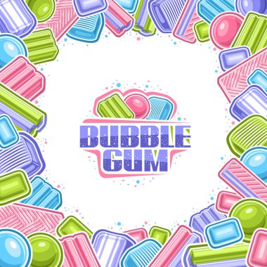 Vektör Bubble Gum Frame, karikatür tasarımlı kare levha çeşitli balonlu sakız kompozisyonu, bir sürü canlı nane sakızı grubu, lezzetli çeşitli şekerler ve beyaz arka planda mor metin sakızı.