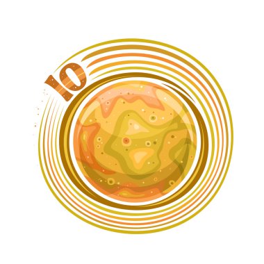Io Moon için vektör logosu, dönen uydu ile dekoratif kozmik baskı, volkanlar ve dağlarla kaya yüzeyi, beyaz arka planda turuncu metin için eşsiz fırça harfleriyle kozmik etiket